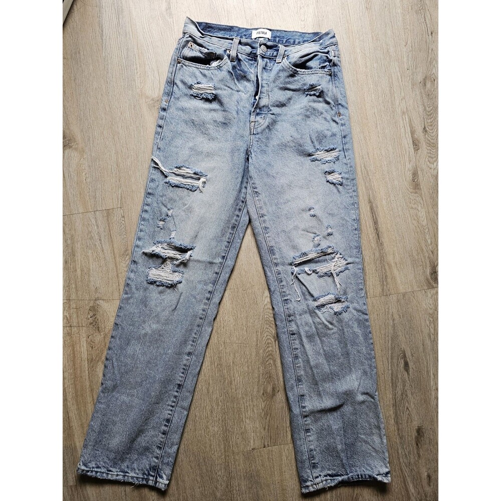 PISTOLA Distressed Straight Leg Blue Ripped Denim Jeans 28 High Rise Botton Fly